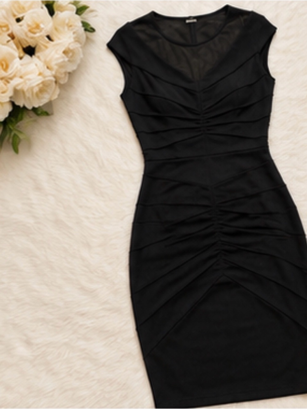 EUC Black Mesh Yoke Bodycon Cocktail Dress | Elegant Fitted Midi Dress | Size M - Picture 5 of 12
